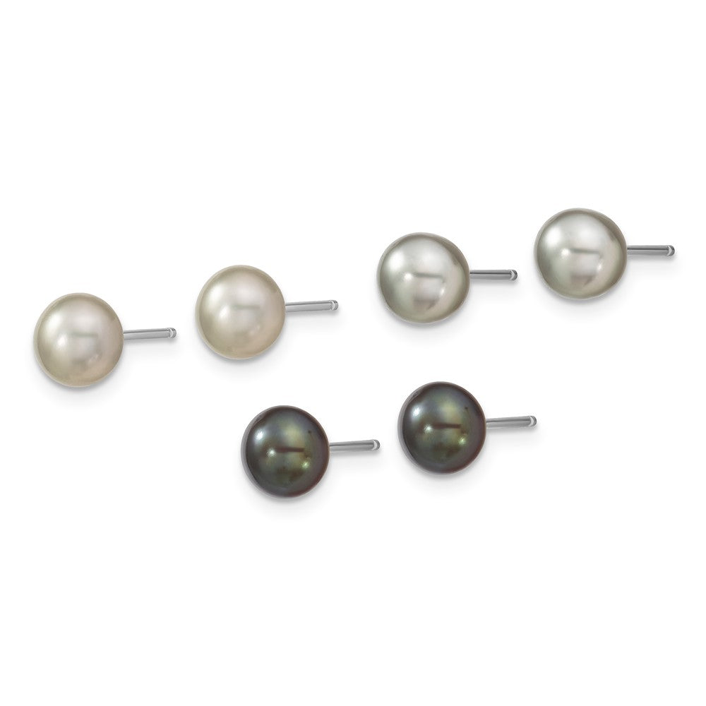 Sterling Silver Rhodium-plated 6-7mm Grey and Black Semi-Round Freshwater Cultured Pearl 18 inch Necklace and 7.25 Bracelet and 3-piece Button Post Earrings Set