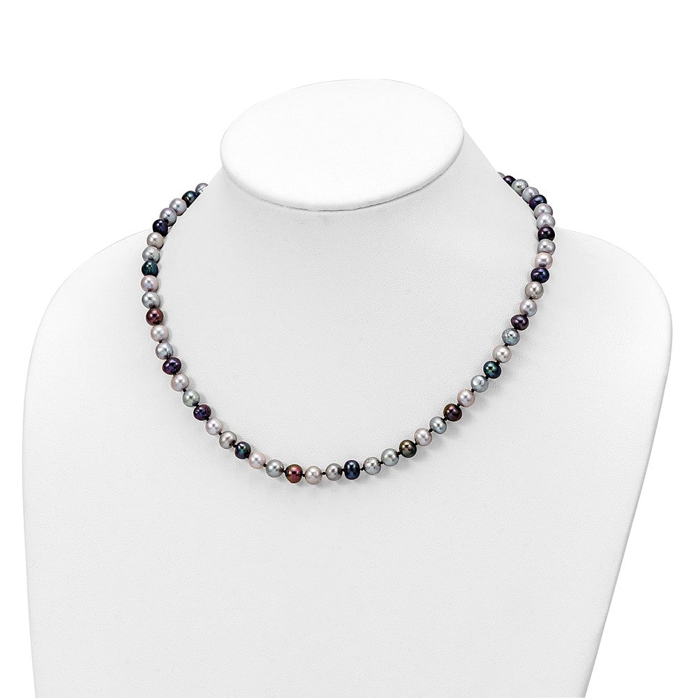 Sterling Silver Rhodium-plated 6-7mm Grey and Black Semi-Round Freshwater Cultured Pearl 18 inch Necklace and 7.25 Bracelet and 3-piece Button Post Earrings Set