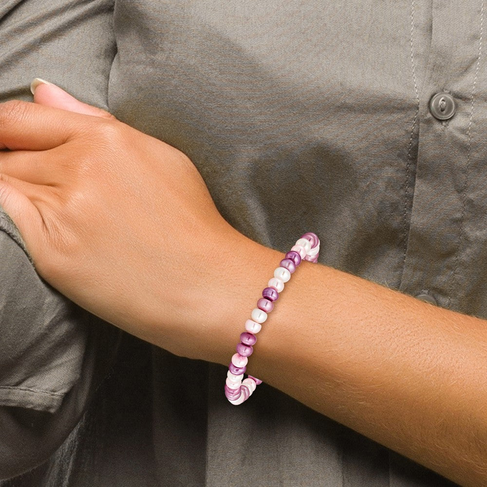 6-7mm White, Lavender and Pink Button Freshwater Cultured Pearl Stretch Bracelet