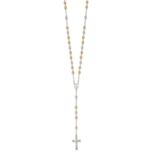Sterling Silver Rose and Yellow Gold-plated Polished Beads 26 inch Rosary