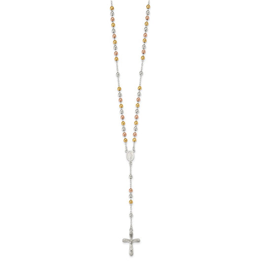 Sterling Silver Rose and Yellow Gold-plated Polished Beaded 18 inch Rosary Necklace