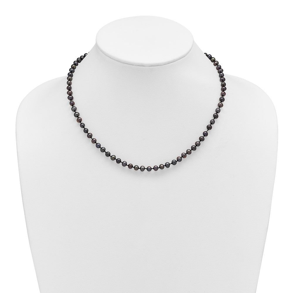 Sterling Silver Rhodium-plated 4-5mm Black Near-Round Freshwater Cultured Pearl 16 inch Necklace
