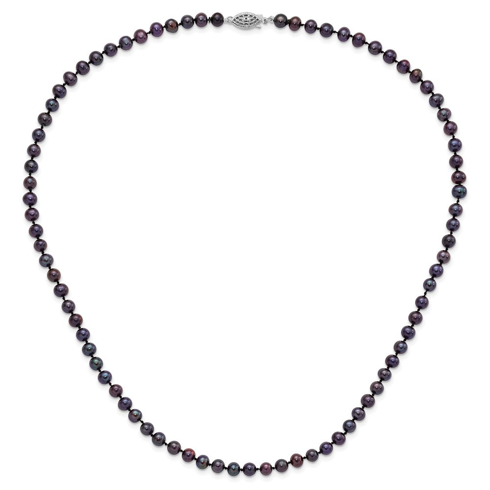Sterling Silver Rhodium-plated 5-6mm Black Near-Round Freshwater Cultured Pearl 20 inch Necklace