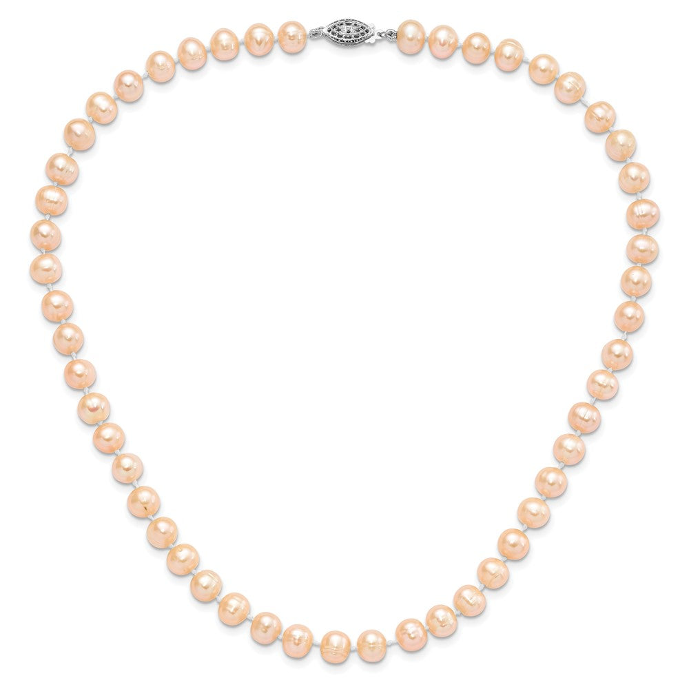 Sterling Silver Rhodium-plated 7-8mm Pink Near-Round Freshwater Cultured Pearl 20 inch Necklace