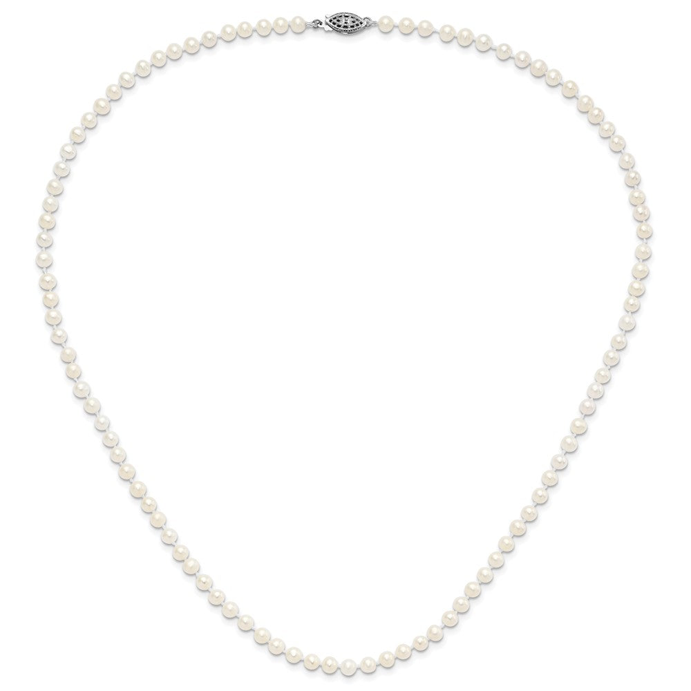Sterling Silver Rhodium-plated 4-5mm White Near-Round Freshwater Cultured Pearl 24 inch Necklace