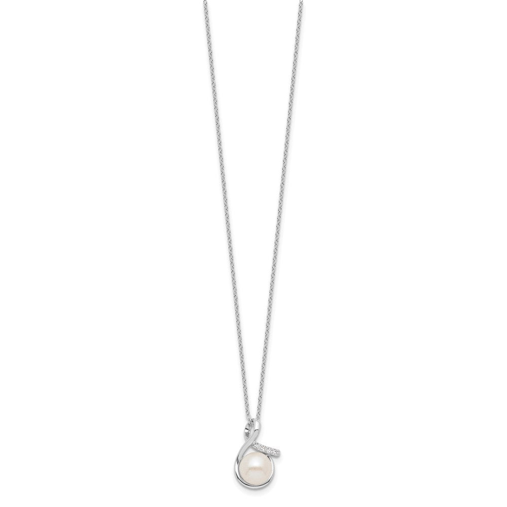 Sterling Silver Rhodium-plated 8-10mm White Button Freshwater Cultured Pearl and CZ 17 inch and Post Earrings Set