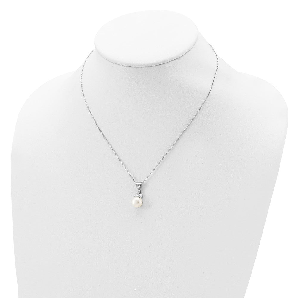Sterling Silver Rhodium-plated 9-10mm White Button Freshwater Cultured Pearl and CZ 17 inch and Post Earrings Set