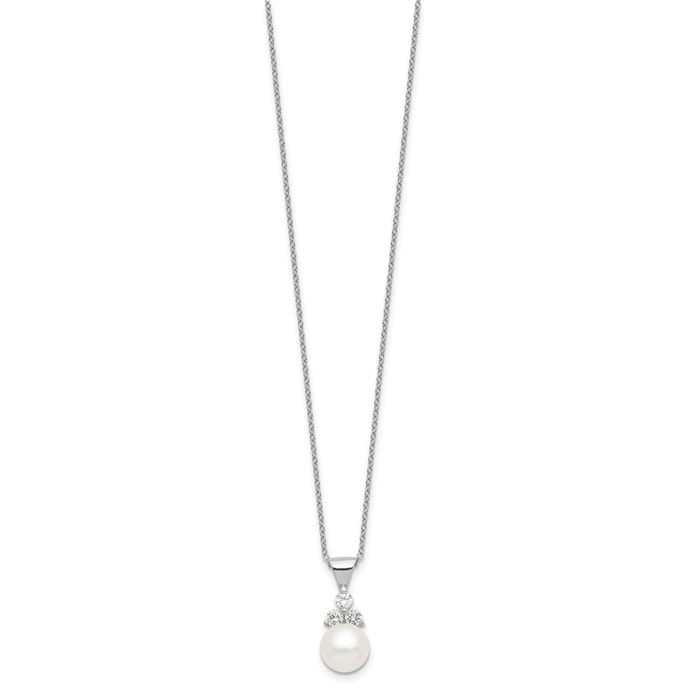 Sterling Silver Rhodium-plated 9-10mm White Button Freshwater Cultured Pearl and CZ 17 inch and Post Earrings Set