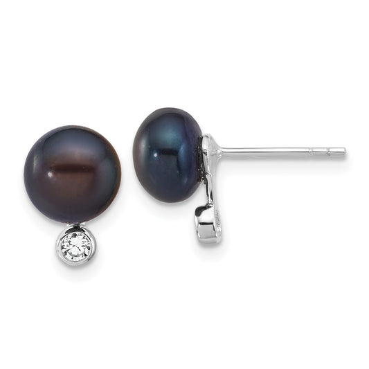 Sterling Silver Rhodium-plated 8-9mm Black Button Freshwater Cultured Pearl and CZ 17 inch Necklace and Post Earrings Set