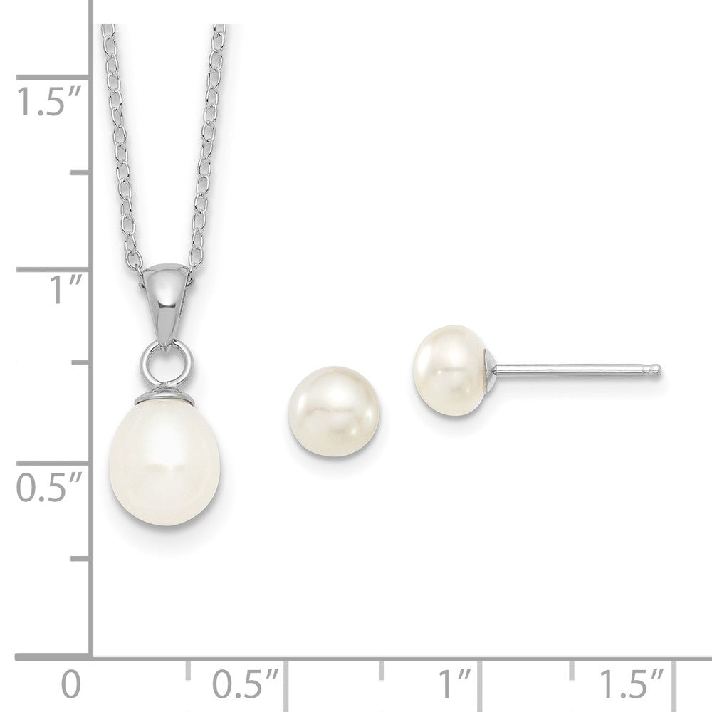 Sterling Silver Rhodium-plated 6-7mm White Teardrop Freshwater Cultured Pearl 17 inch Necklace and Button Post Earrings Set