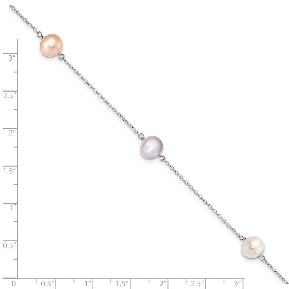 Sterling Silver Rhodium-plated 7-8mm White, Pink and Purple Semi-Round Freshwater Cultured Pearl 3-Station 7.5 inch Bracelet