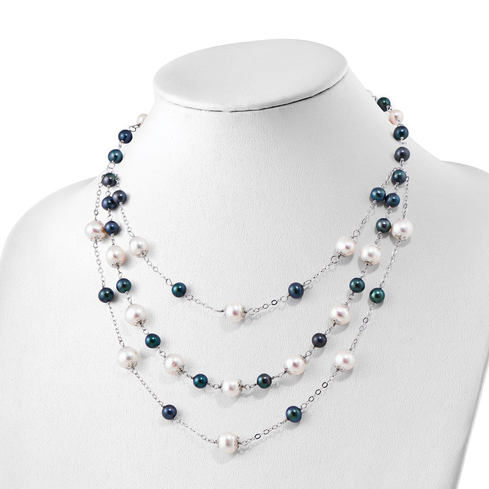 Sterling Silver Rhodium-plated 6-10mm White and Black Freshwater Cultured Pearl Layered 17 inch with 2 inch Extension Necklace