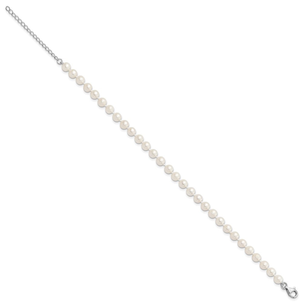 Sterling Silver Rhodium-plated 6-7mm White Near-Round Freshwater Cultured Pearl 8.5 inch with 2 inch Extension Anklet