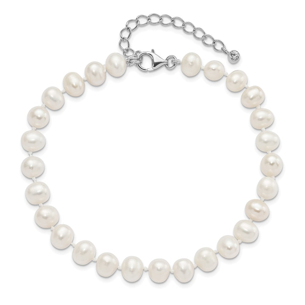 Sterling Silver Rhodium-plated 7-8mm White Near-Round Freshwater Cultured Pearl and CZ 8.5 with 2 inch Extension Anklet