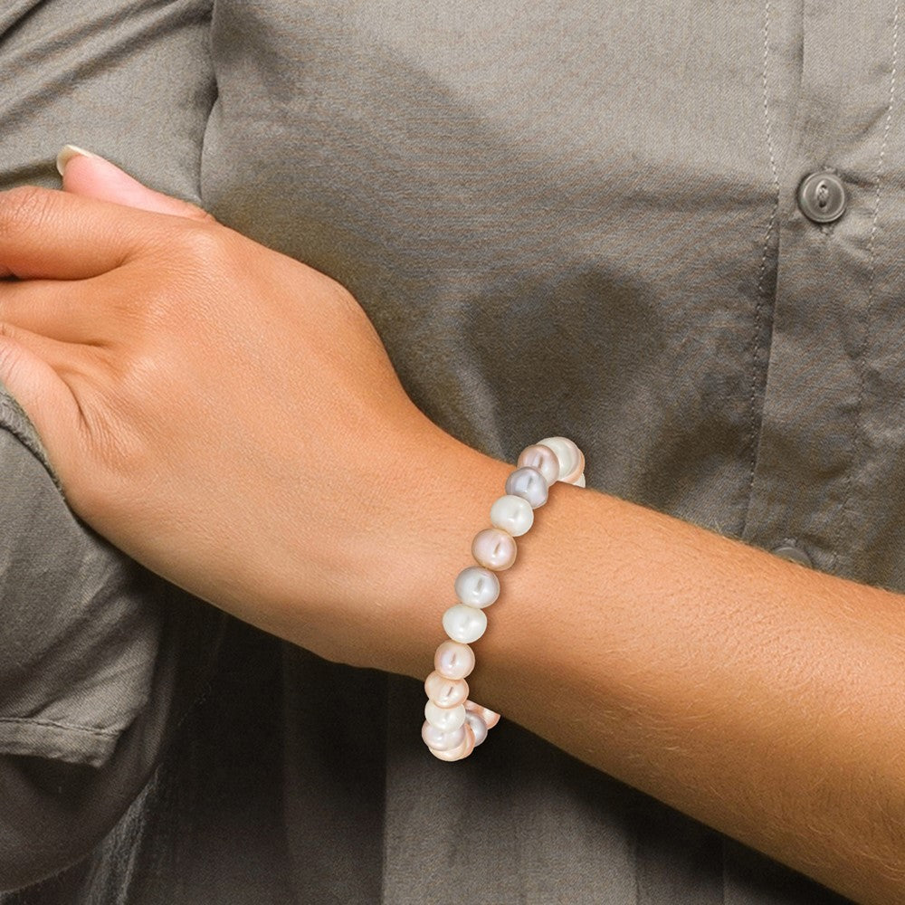 8-9mm White, Pink and Purple Near-Round Freshwater Cultured Pearl Stretch Bracelet