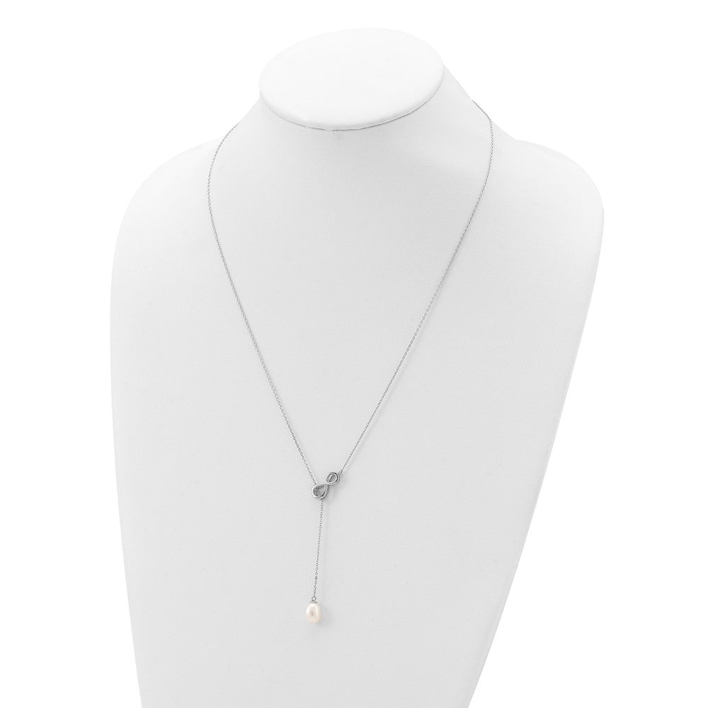 Sterling Silver Rhodium-plated 7-8mm White Teardrop Freshwater Cultured Pearl Infinity Lariat Drop 24 inch Necklace