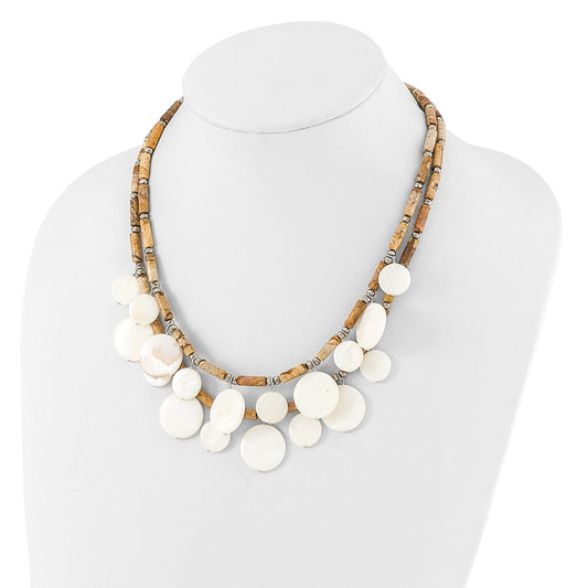 Sterling Silver Mother of Pearl Round Disc/Jasper/Grey Crystal 18.5 inch with 2 inch Extension 2-Strand Necklace