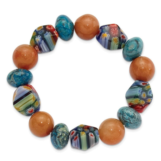 Aventurine, Agate and Kangsai Glass Beaded Stretch Bracelet