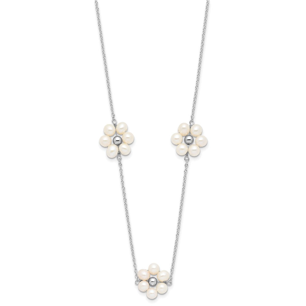 Sterling Silver Rhodium-plated 4-5mm White Semi-Round Freshwater Cultured Pearl Flower 17 inch with 1.75 inch Extension Necklace