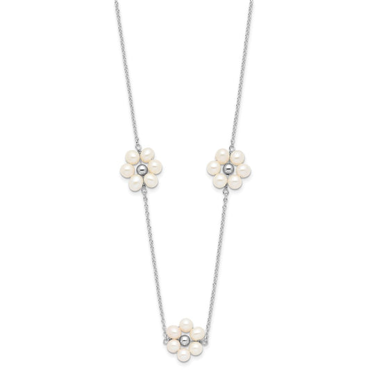 Sterling Silver Rhodium-plated 4-5mm White Semi-Round Freshwater Cultured Pearl Flower 17 inch with 1.75 inch Extension Necklace
