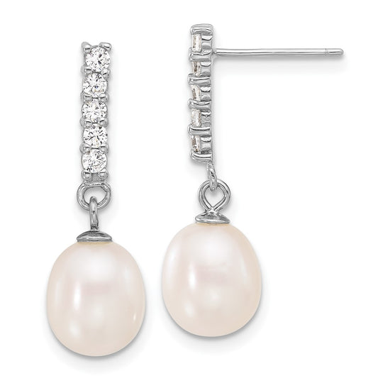 Sterling Silver Rhodium-plated Teardrop Freshwater Cultured Pearl and CZ 17 inch Necklace and Post Earrings Set