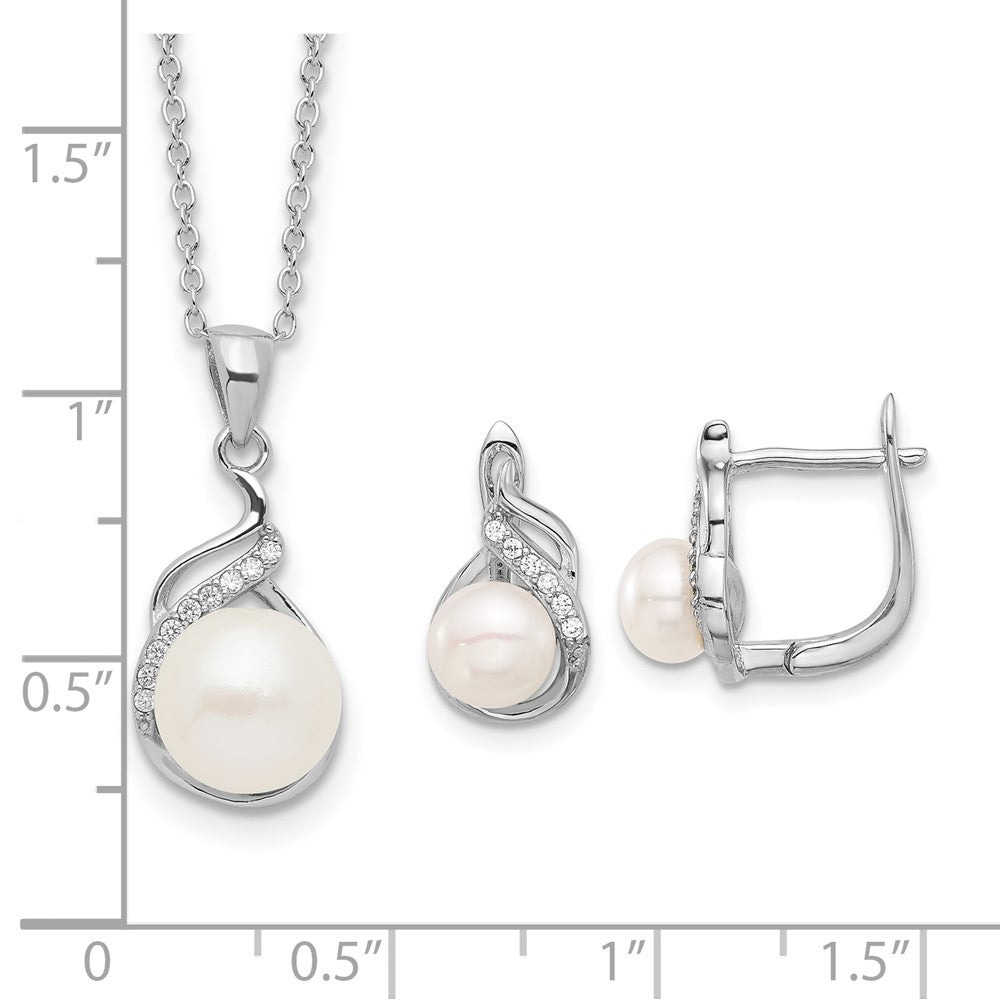Sterling Silver Rhodium-plated 6-9mm White Button Freshwater Cultured Pearl and CZ 17 inch Necklace and Leverback Earrings Set