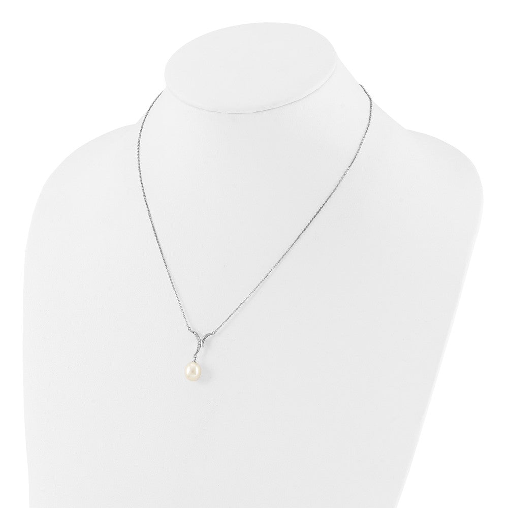 Sterling Silver Rhodium-plated 7-9mm White Teardrop Freshwater Cultured Pearl and CZ 18 inch Necklace and Post Dangle Earrings Set