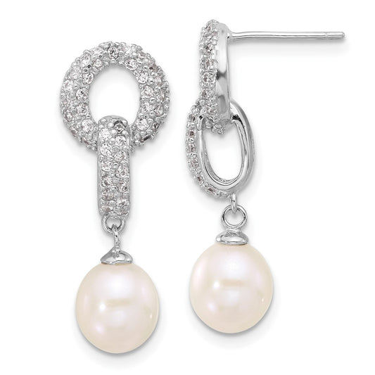 Sterling Silver Rhodium-plated 7-9mm White Teardrop Freshwater Cultured Pearl and CZ 17 inch Necklace and Post Dangle Earrings Set