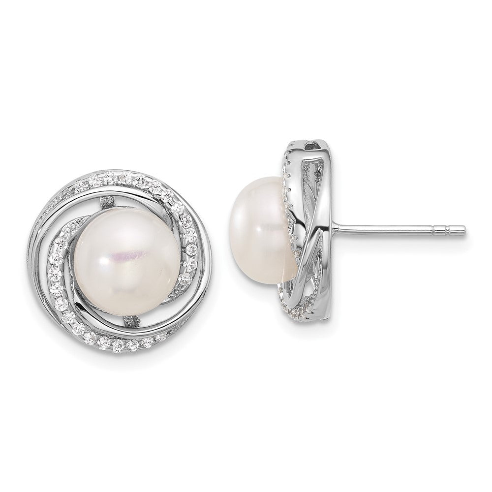 Sterling Silver Rhodium-plated 8-10mm White Button Freshwater Cultured Pearl and CZ 17 inch Necklace and Post Earrings Set