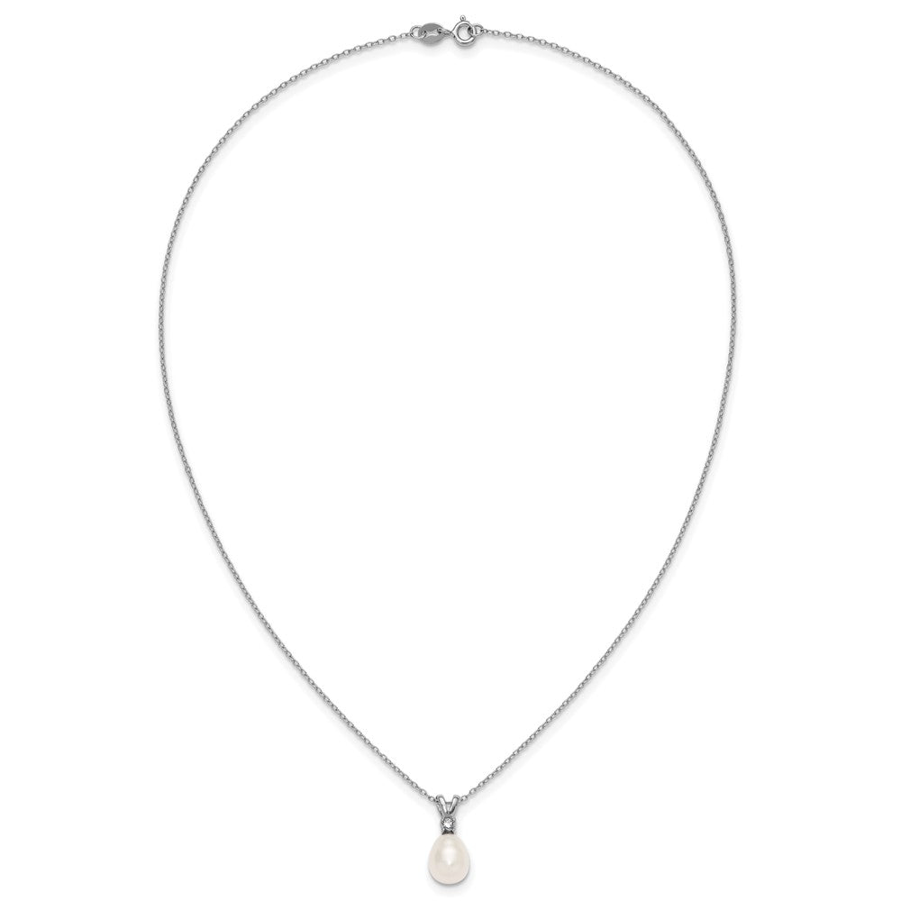 Sterling Silver Rhodium-plated 7-9mm Teardrop White Freshwater Cultured Pearl and CZ 17 inch Necklace and Dangle Post Earring Set