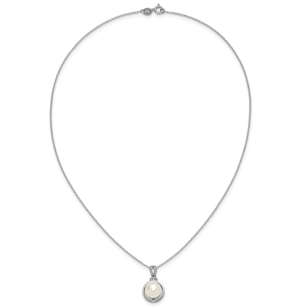 Sterling Silver Rhodium-plated 8-10mm Button White Freshwater Cultured Pearl and CZ 17 inch Necklace and Dangle Shepherd Hook Earring Set