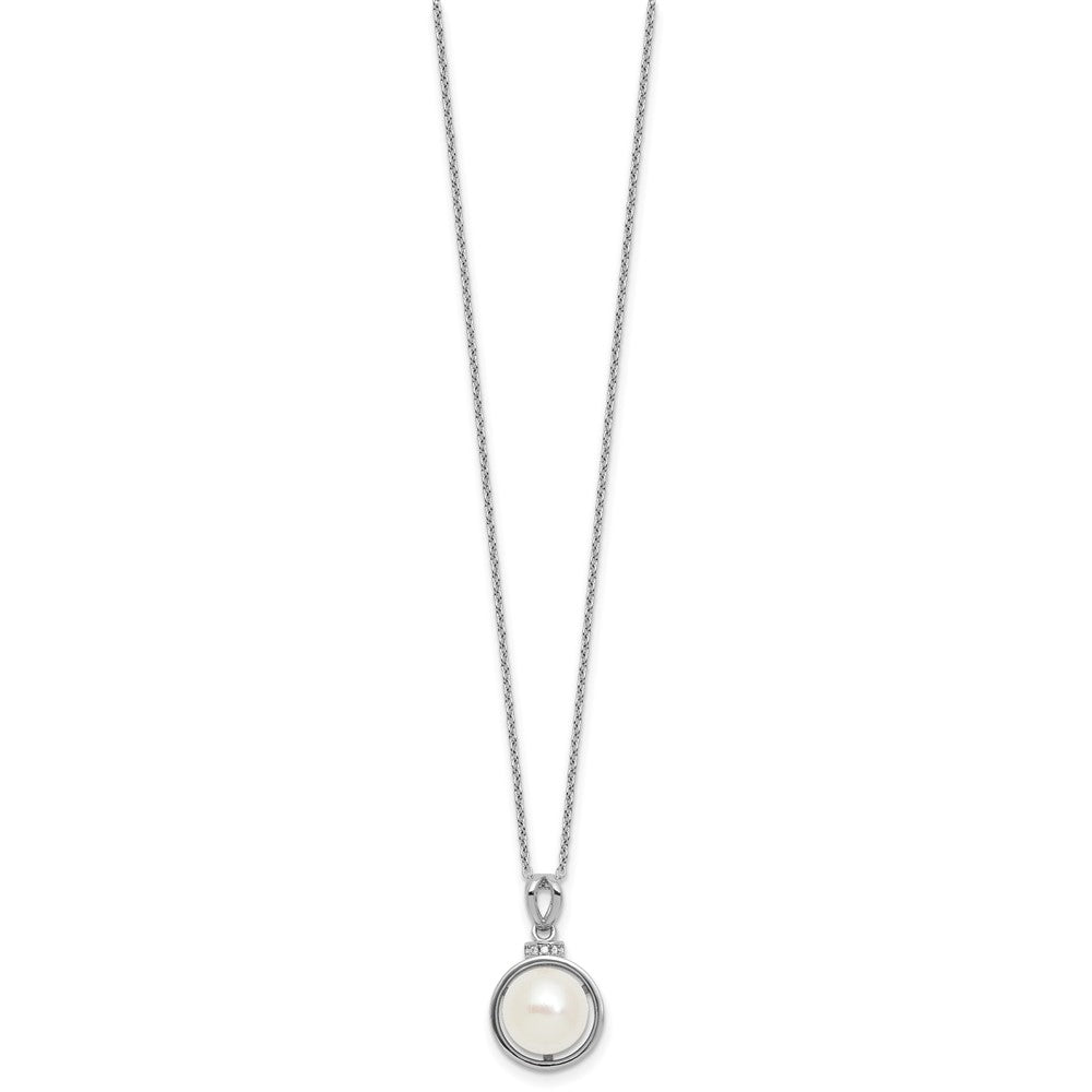 Sterling Silver Rhodium-plated 8-10mm Button White Freshwater Cultured Pearl and CZ 17 inch Necklace and Dangle Shepherd Hook Earring Set