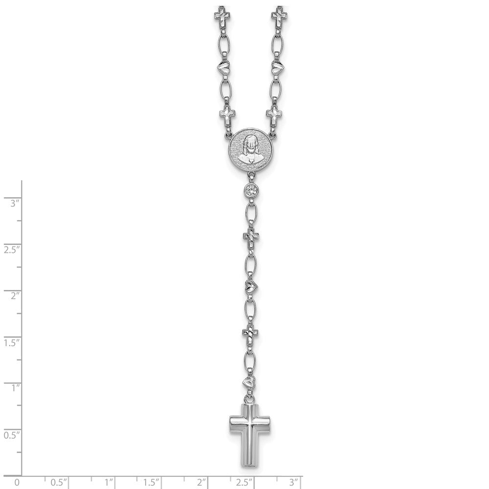 Sterling Silver Rhodium-plated CZ and Diamond-cut Heart and Cross Link with Cross Ash Holder 28.5 inch Rosary Necklace