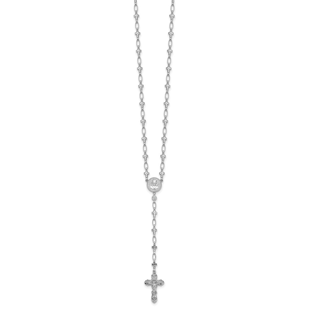 Sterling Silver Rhodium-plated Polished CZ and Diamond-cut Crosses 30.5 inch Rosary Necklace
