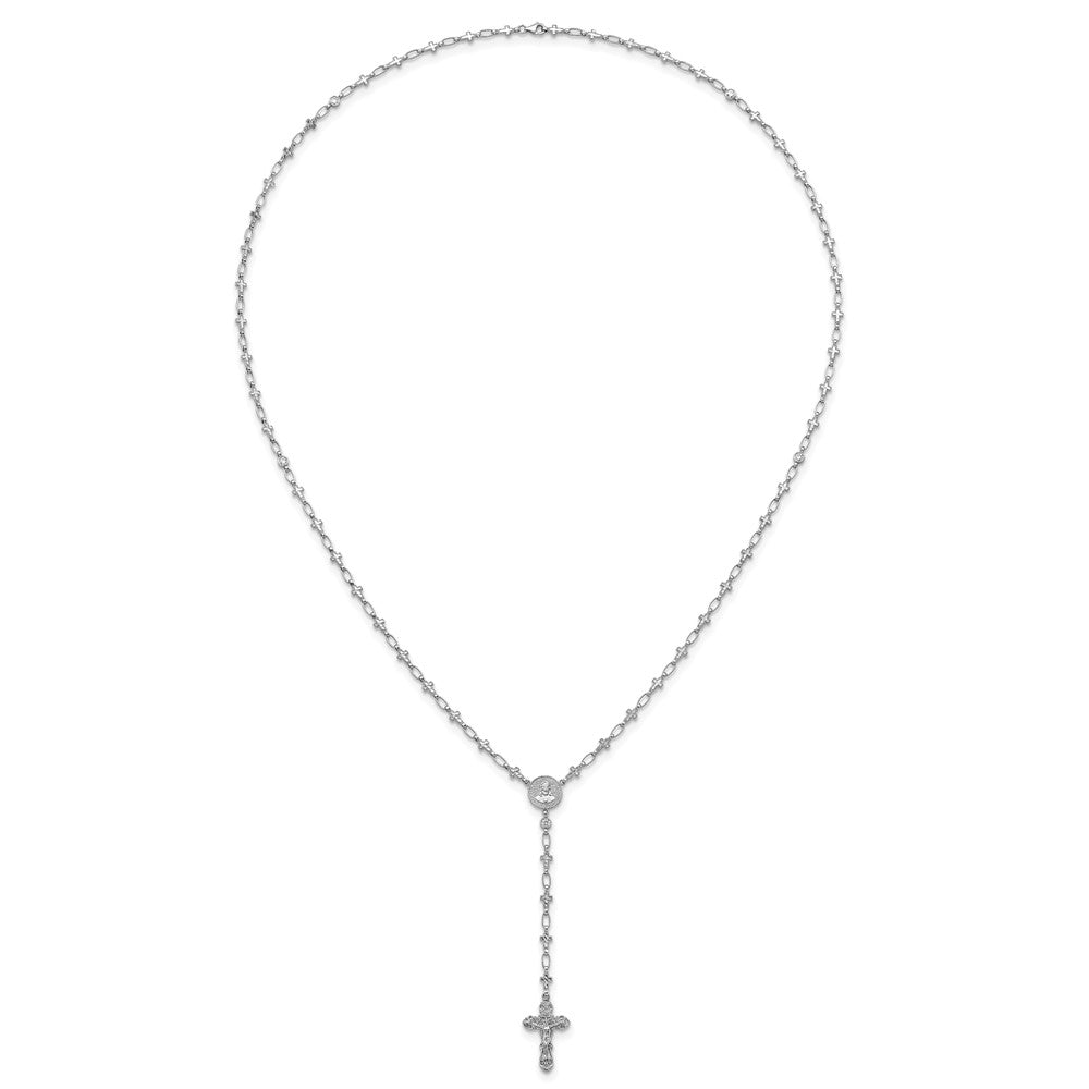 Sterling Silver Rhodium-plated Polished CZ and Diamond-cut Crosses 30.5 inch Rosary Necklace