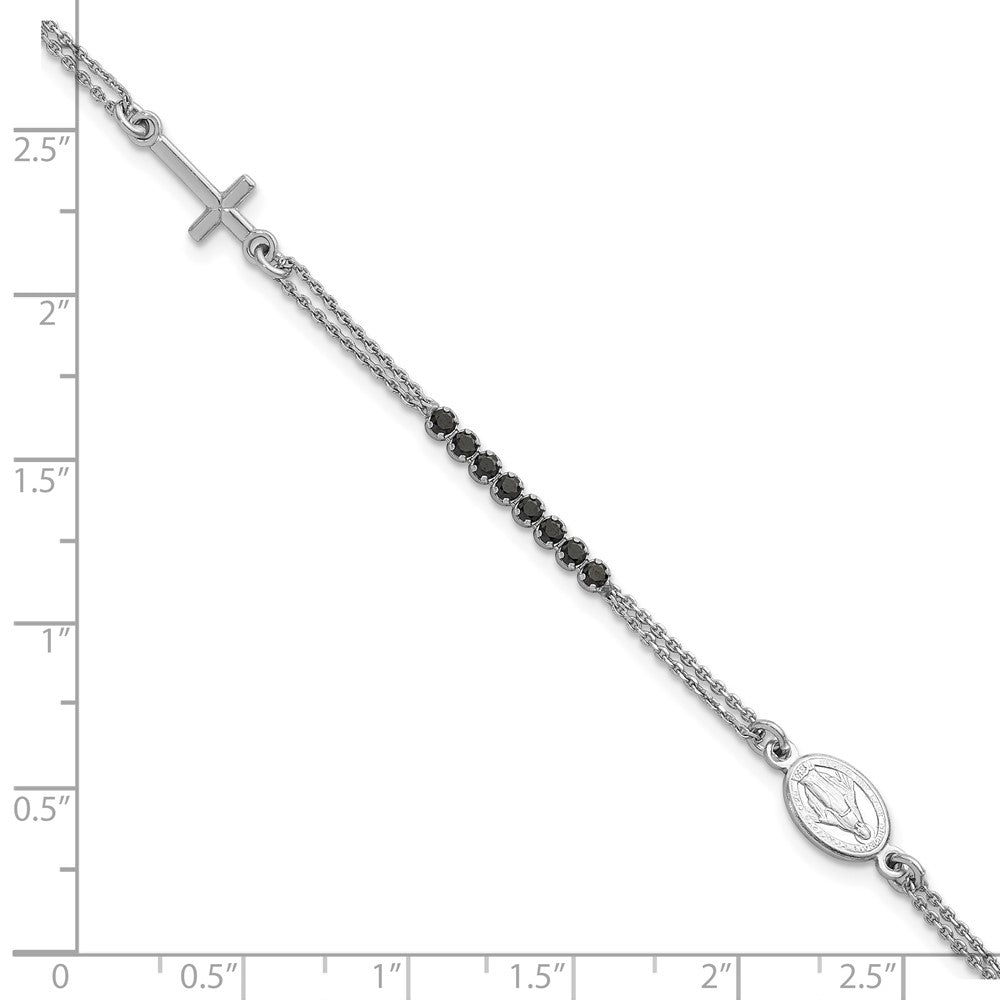 Sterling Silver Rhodium-plated Polished Black CZ 6.75 inch with 1.25 inch extender Rosary Bracelet