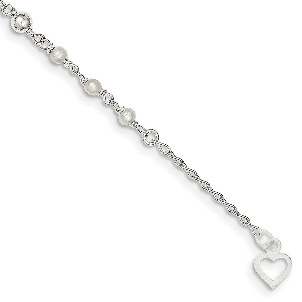Sterling Silver Freshwater Cultured Pearl and Heart 9 inch Plus 1 inch Extender - Total 10 inch Anklet