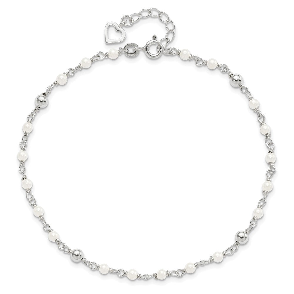 Sterling Silver Freshwater Cultured Pearl and Heart 9 inch Plus 1 inch Extender - Total 10 inch Anklet