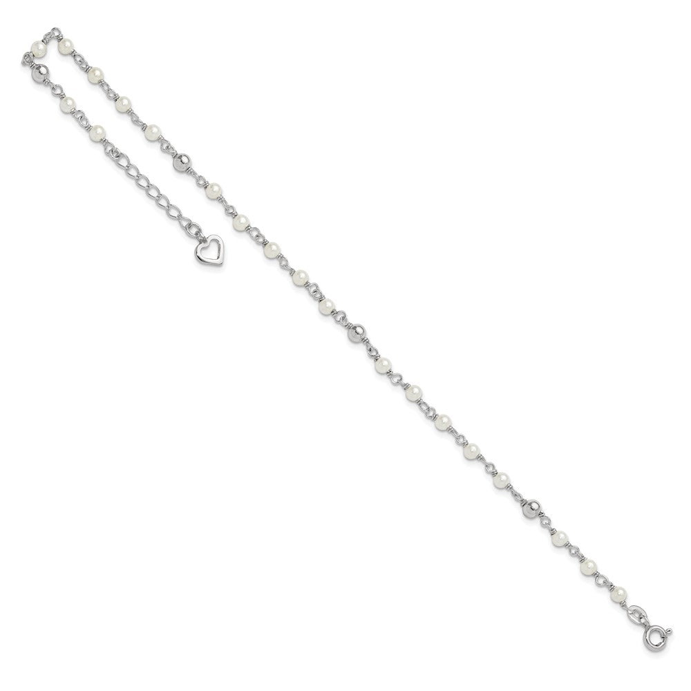 Sterling Silver Freshwater Cultured Pearl and Heart 9 inch Plus 1 inch Extender - Total 10 inch Anklet