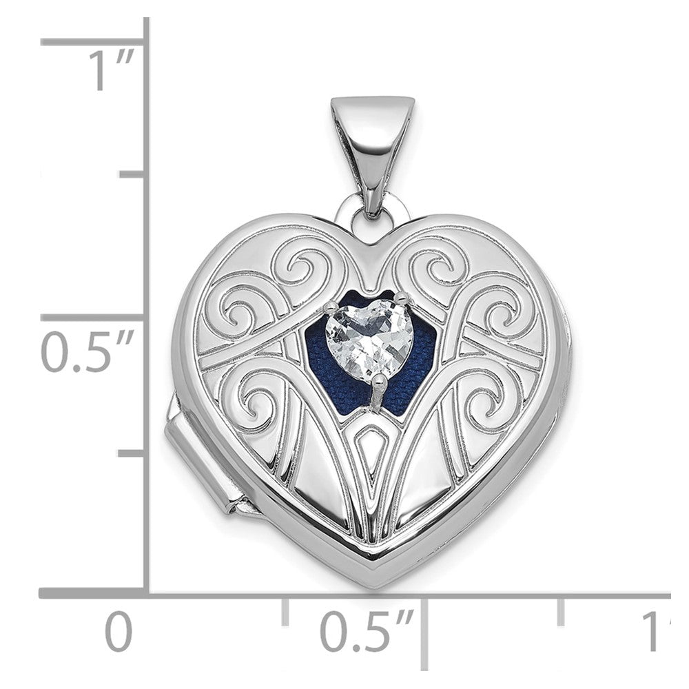 Sterling Silver Rhodium-plated White Topaz April Birthstone 18mm Heart Locket