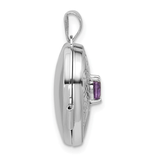 Sterling Silver Rhodium-plated Amethyst February Birthstone 18mm Heart Locket