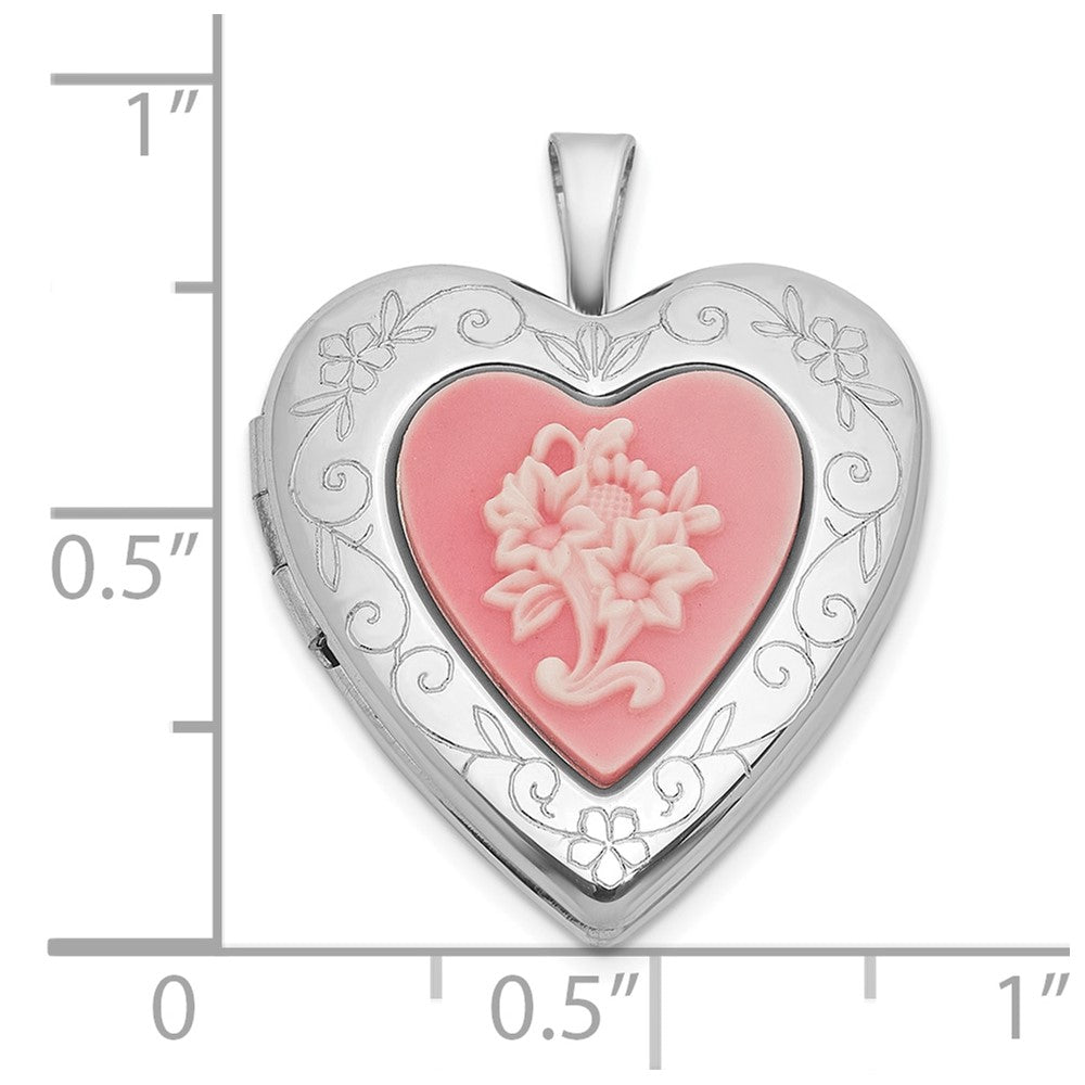 Sterling Silver Rhodium-plated Polished Front/Brushed Back Pink Flowers Resin Cameo 20mm Heart Locket
