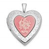 Sterling Silver Rhodium-plated Polished Front/Brushed Back Pink Flowers Resin Cameo 20mm Heart Locket