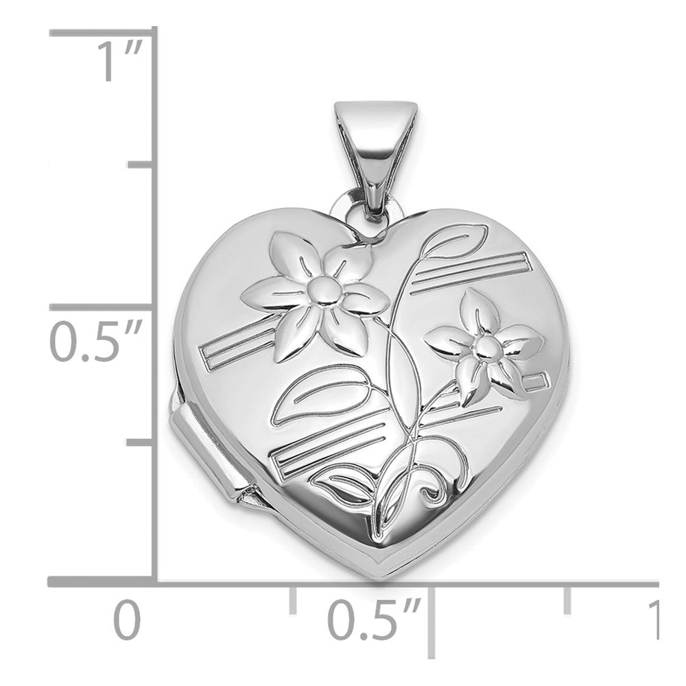 Sterling Silver Rhodium-plated Polished Flowers 18mm Heart Locket