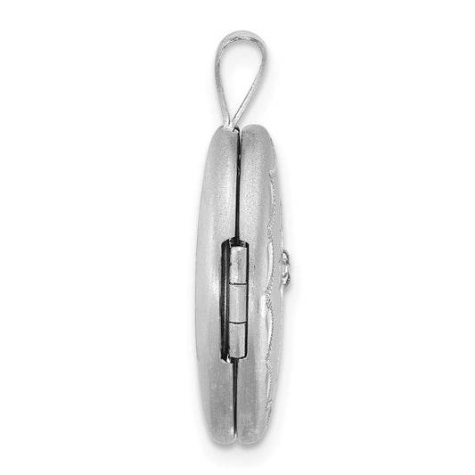 Sterling Silver Rhodium-plated Brushed 1/20 carat Diamond Engraved Cross 16mm Oval Locket