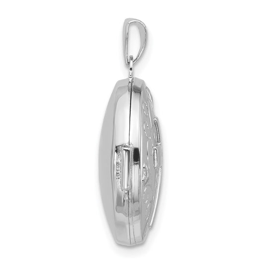 Sterling Silver Rhodium-plated Half Point Diamond Cross 20mm Scrolled Round Locket