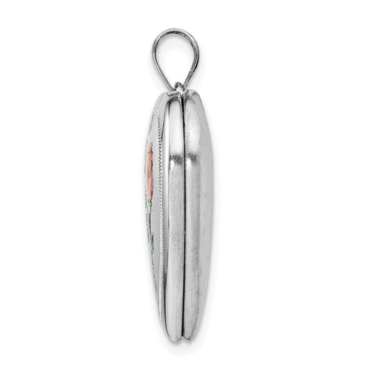 Sterling Silver Rhodium-plated 24mm Enameled Rose Heart Locket