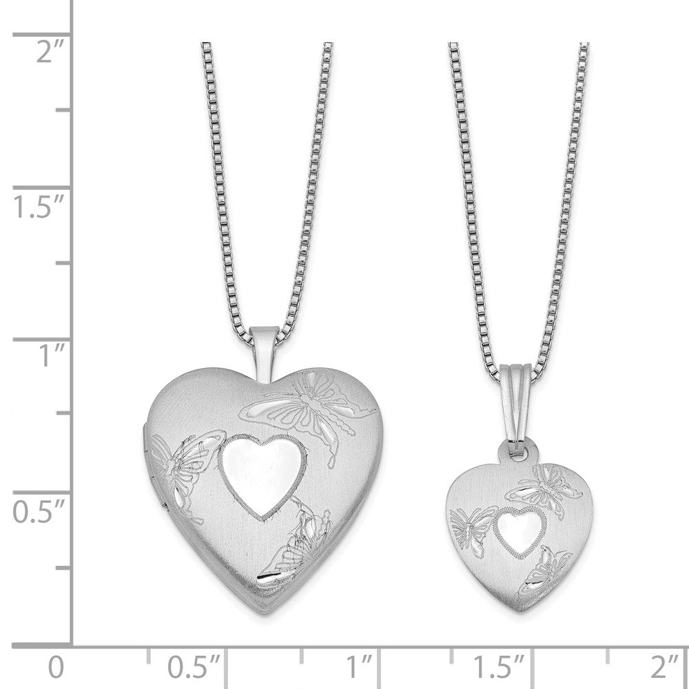 Sterling Silver Rhodium-plated Polished & Satin Butterfly Heart Locket & Pendant Mother/Daughter Necklace Set