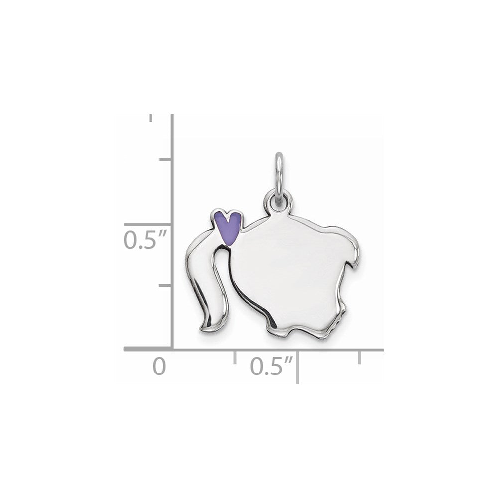 Sterling Silver Rhod-plate Purple Enamel Right Facing Girl Head Disc Charm