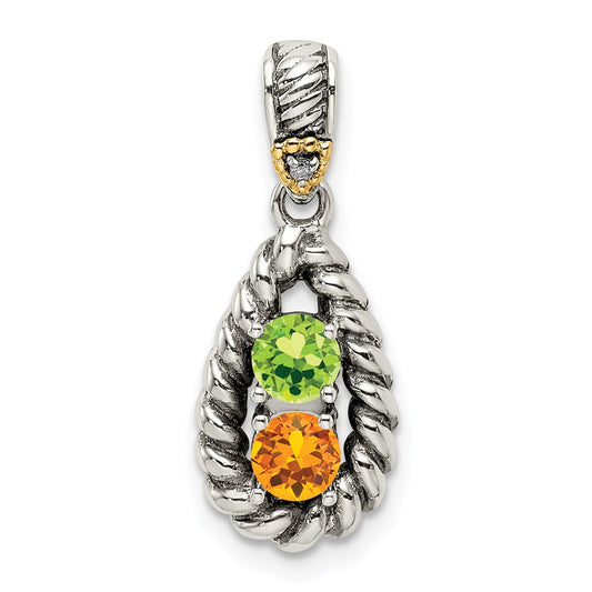 Sterling Silver Antiqued w/14k 2-stone w/Diamond Mothers Pendant Semi-Mount